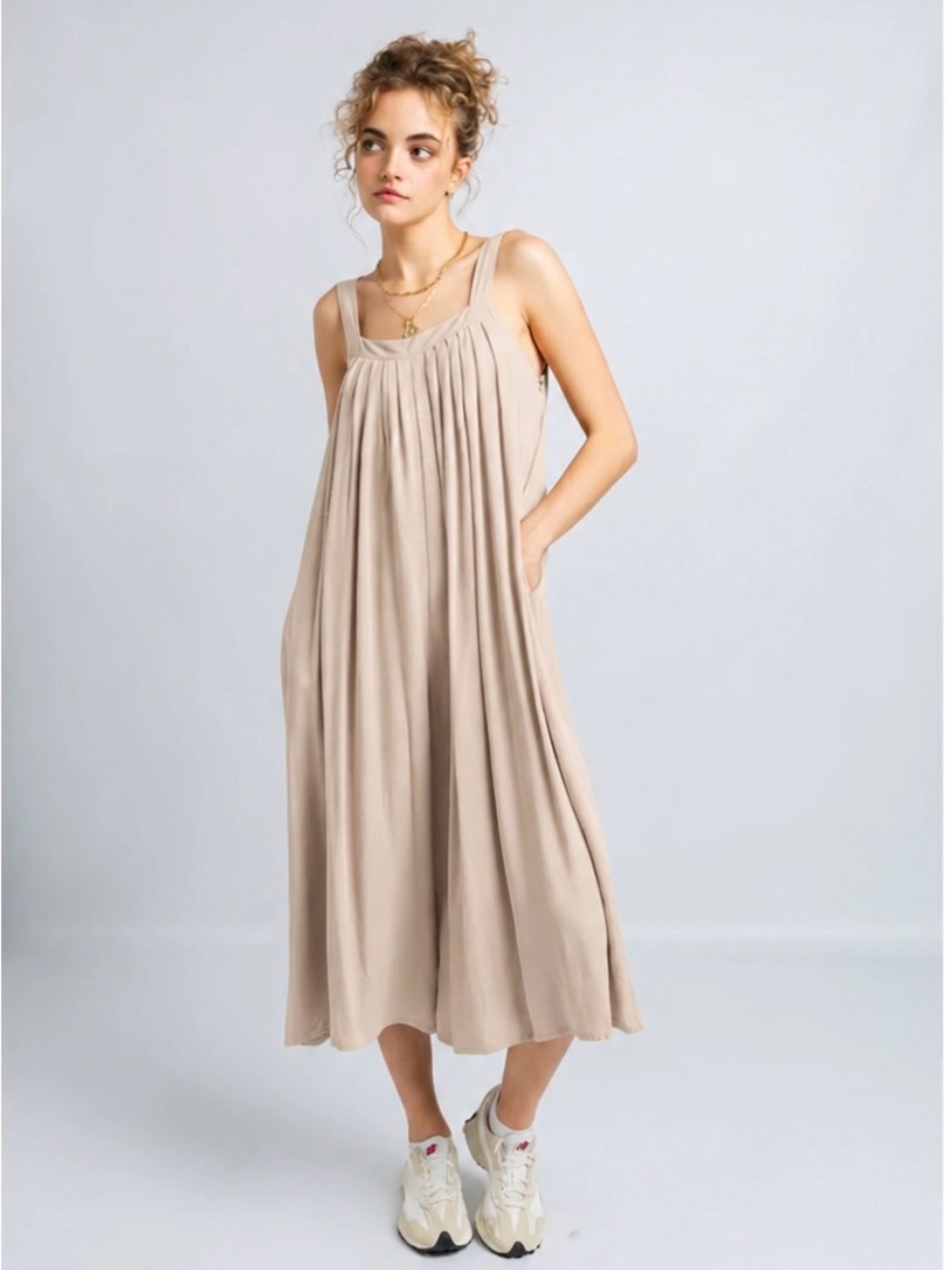 Hunter & Brown Flowy Sleeveless Midi jumpsuit in Beige